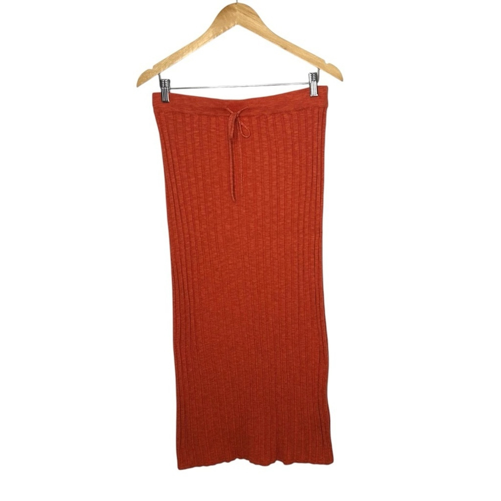 Free People Beach Burnt Orange Ribbed Pull On Drawstring Waist Midi Beach Skirt - Picture 2 of 12